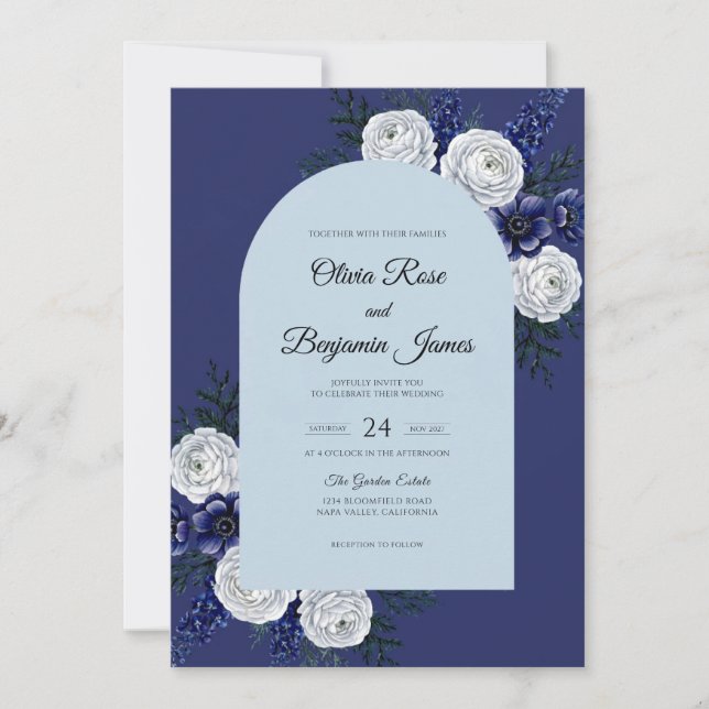 Invitation Mariage Eucalyptus Fleur Blanche Navy (Devant)