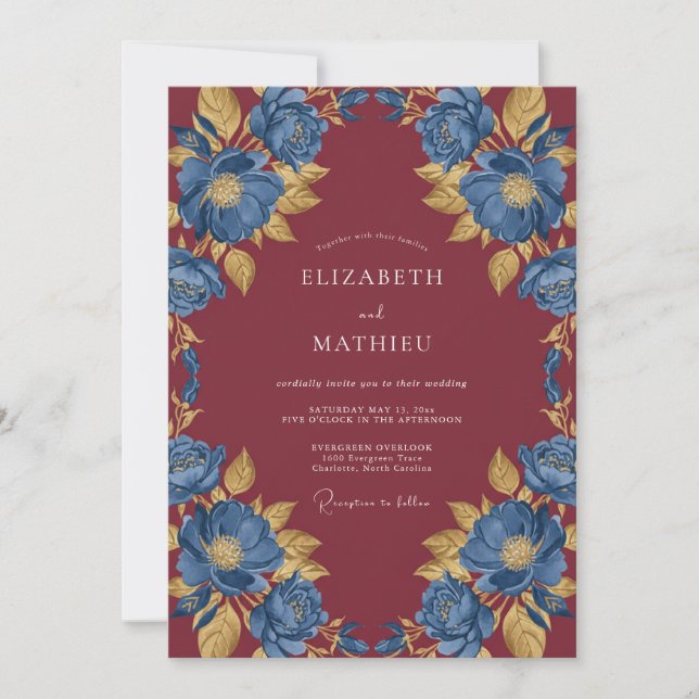 Invitation Mariage Eucalyptus Fleur Cobalt Bordeaux (Devant)