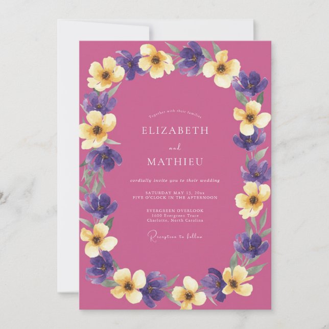 Invitation Mariage Eucalyptus Fleur Jaune Violet Magenta (Devant)