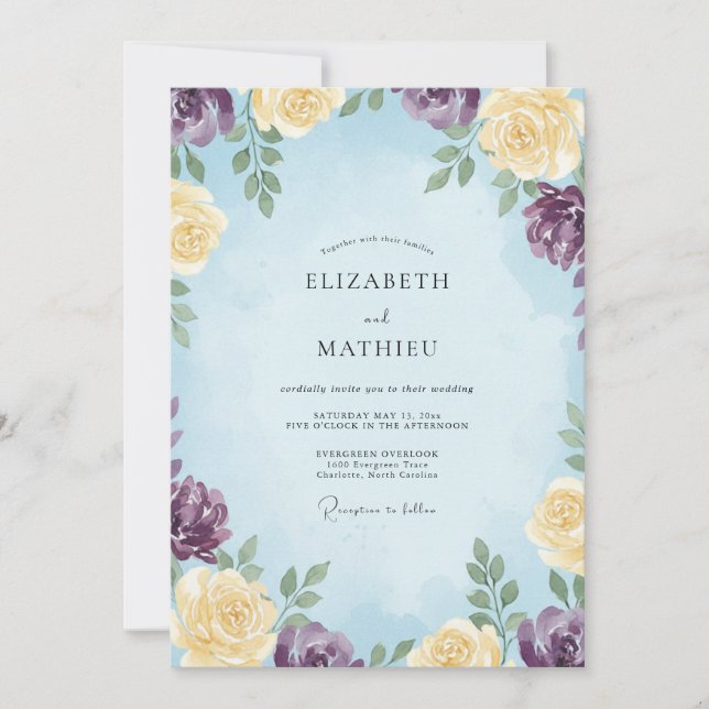 Invitation Mariage Eucalyptus Fleur Violette Azurée (Devant)