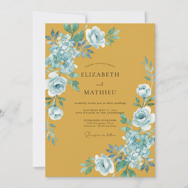 Invitation Mariage Eucalyptus Foliage Bleuet Moutarde (Devant)