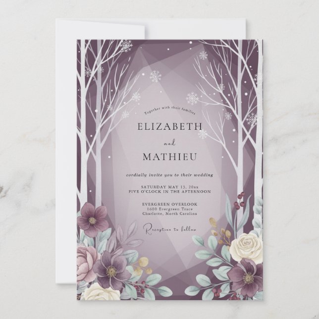 Invitation Mariage Eucalyptus Forêt Hivernale Mauve (Devant)