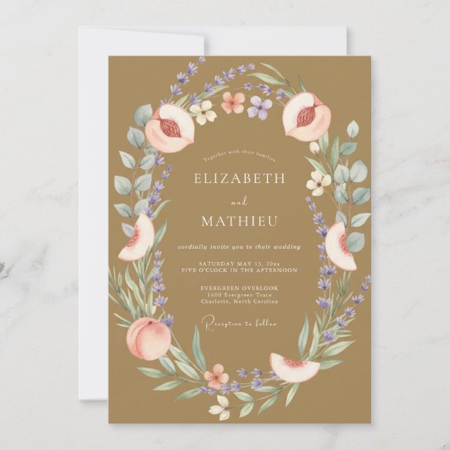 Invitation Mariage Eucalyptus Fruit Peche Dor (Devant)