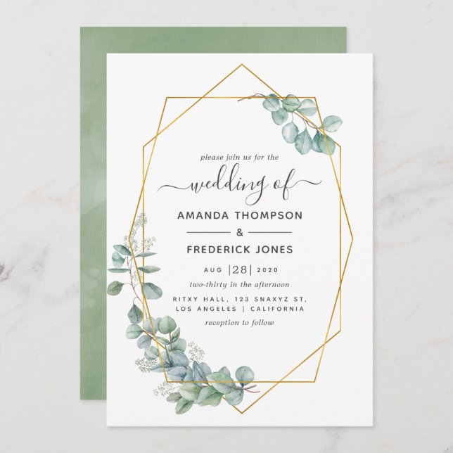 Invitation Mariage Eucalyptus géométrique (Devant / Derrière)