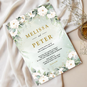 Invitation Mariage Eucalyptus Green Gold & White Roses