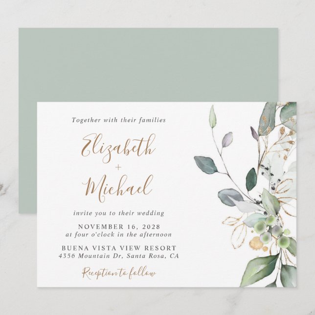 Invitation Mariage Eucalyptus Green Watercolor (Devant / Derrière)