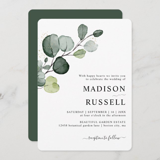 Invitation Mariage Eucalyptus Greenery Gold Splatter (Devant / Derrière)