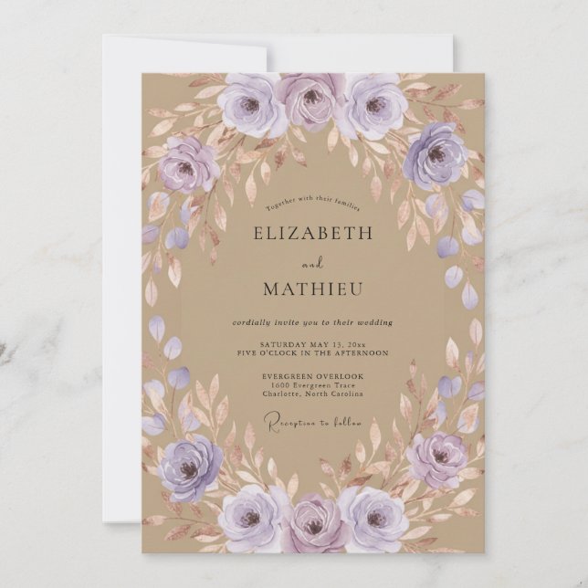 Invitation Mariage Eucalyptus Gris Feuillage Lilas Beige (Devant)