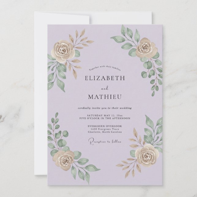 Invitation Mariage Eucalyptus Gris Feuillage Lilas Champagne (Devant)