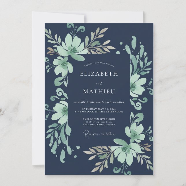 Invitation Mariage Eucalyptus Gris Feuillage Menthe de Minuit (Devant)