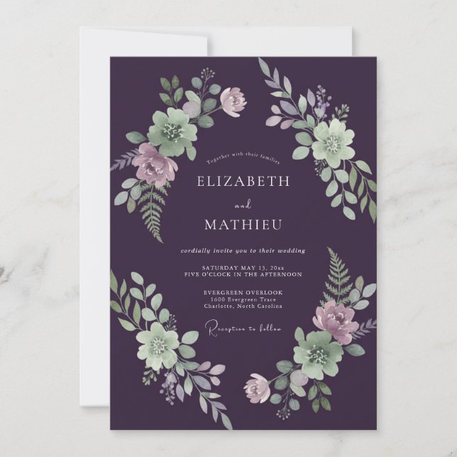 Invitation Mariage Eucalyptus Gris Feuillage Menthe Prune (Devant)