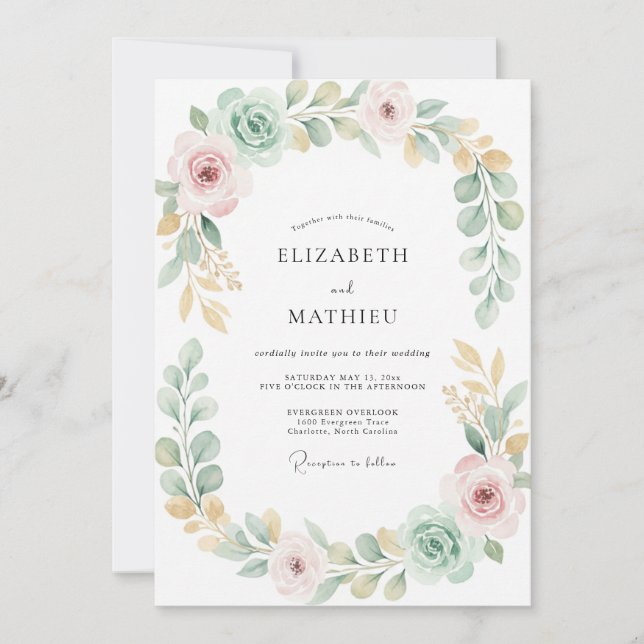 Invitation Mariage Eucalyptus Gris Feuillage Or Menthe (Devant)