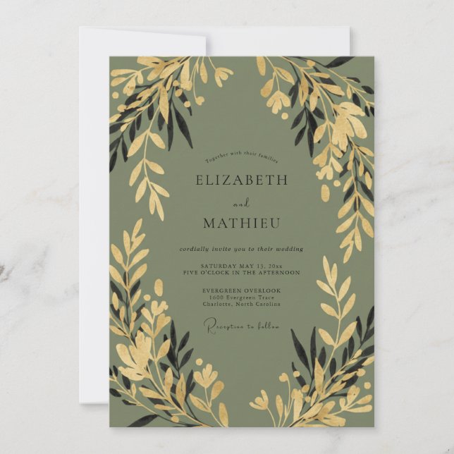 Invitation Mariage Eucalyptus Gris Feuillage Or Olive (Devant)