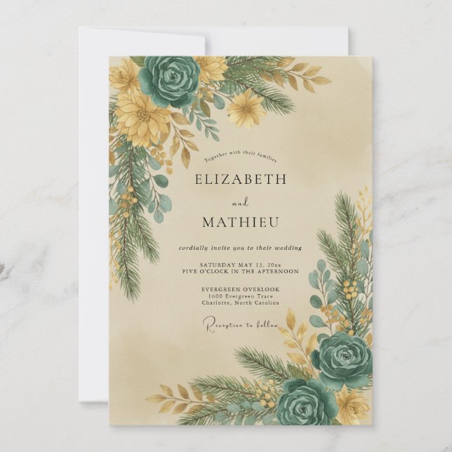 Invitation Mariage Eucalyptus Gris Feuillage Or Sarcelle (Devant)