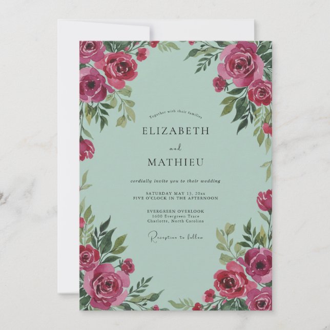 Invitation Mariage Eucalyptus Gris Renoncule Magenta Menthe (Devant)