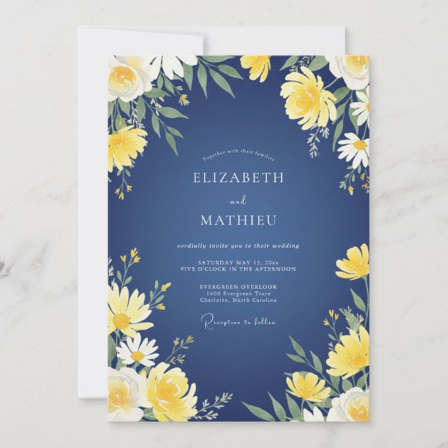 Invitation Mariage Eucalyptus Jaune Navy Daisy (Devant)
