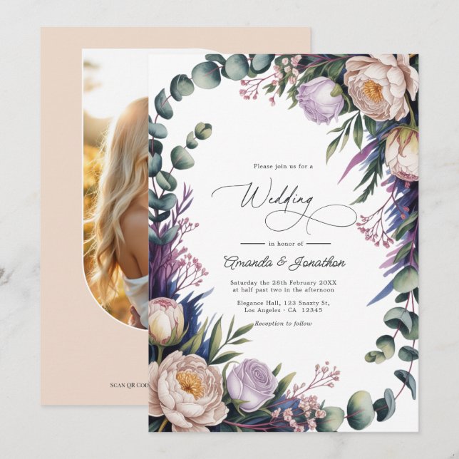 Invitation Mariage Eucalyptus, Lavande & Champagne Blush (Devant / Derrière)