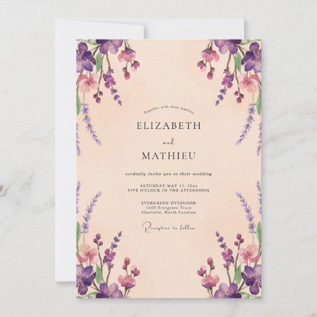 Invitation Mariage Eucalyptus Lavande Pêche (Devant)