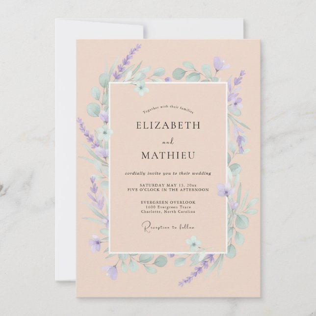 Invitation Mariage Eucalyptus Lilas Abricot (Devant)