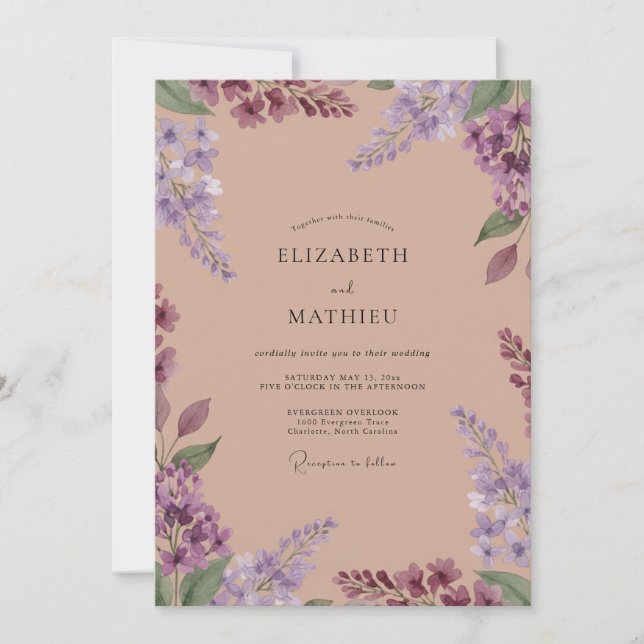 Invitation Mariage Eucalyptus Lilas Violet Douce Prairie (Devant)