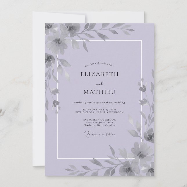 Invitation Mariage Eucalyptus Muté au Feuillage Lilas Argenté (Devant)
