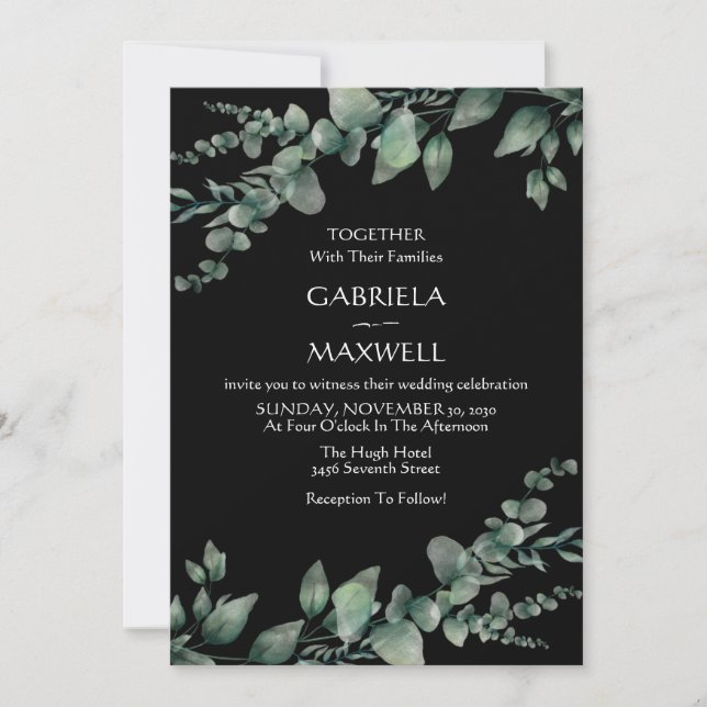 Invitation Mariage Eucalyptus Noir Elégance moderne (Devant)