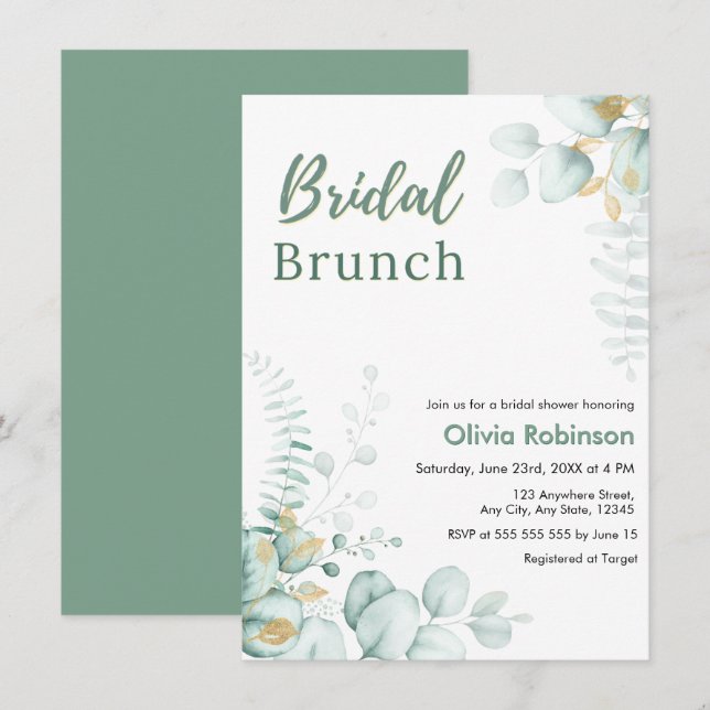 Invitation Mariage Eucalyptus Or Brunch de Mariée Enterrement (Devant / Derrière)