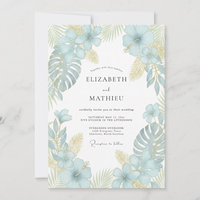 Invitation Mariage Eucalyptus Palmier Tropical Aqua (Devant)
