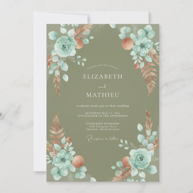 Invitation Mariage Eucalyptus Pampas Aqua Olive (Devant)