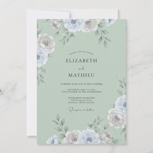 Invitation Mariage Eucalyptus Ranunculus Argent Céladon (Devant)