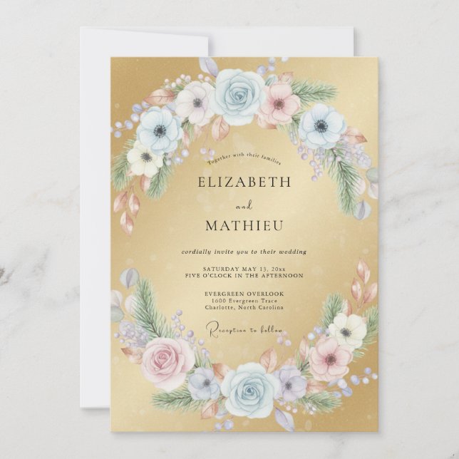 Invitation Mariage Eucalyptus Ranunculus Azur Doré (Devant)
