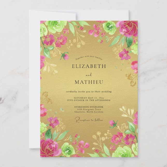 Invitation Mariage Eucalyptus Ranunculus Magenta Or (Devant)