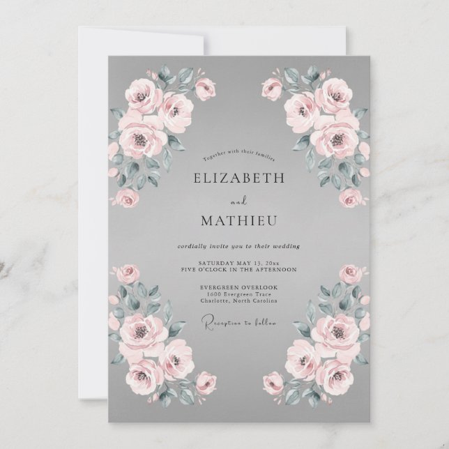 Invitation Mariage Eucalyptus Ranunculus Mauve Argent (Devant)