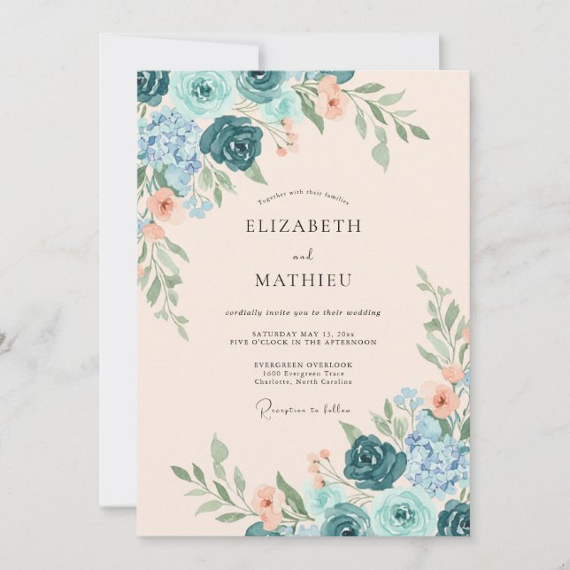 Invitation Mariage Eucalyptus Renoncule Abricot Sarcelle (Devant)