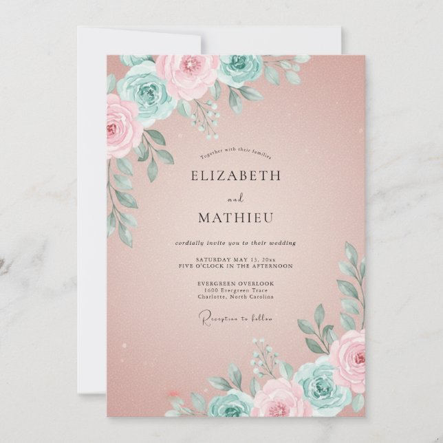 Invitation Mariage Eucalyptus Renoncule Aqua Mauve (Devant)