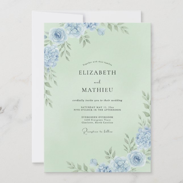 Invitation Mariage Eucalyptus Renoncule Azur Menthe (Devant)
