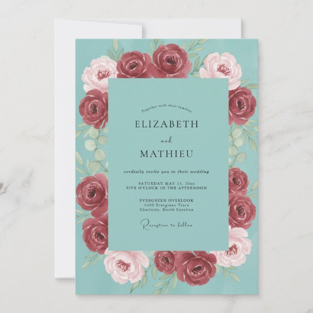 Invitation Mariage Eucalyptus Renoncule Crème Teal (Devant)