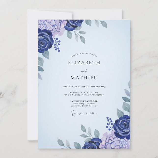 Invitation Mariage Eucalyptus Renoncule Indigo Violet (Devant)