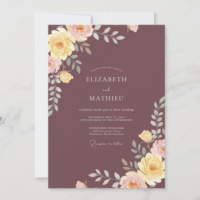Invitation Mariage Eucalyptus Renoncule Jaune Prune (Devant)