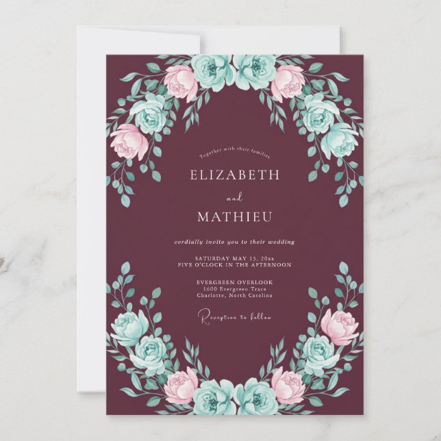 Invitation Mariage Eucalyptus Renoncule Menthe Vin (Devant)