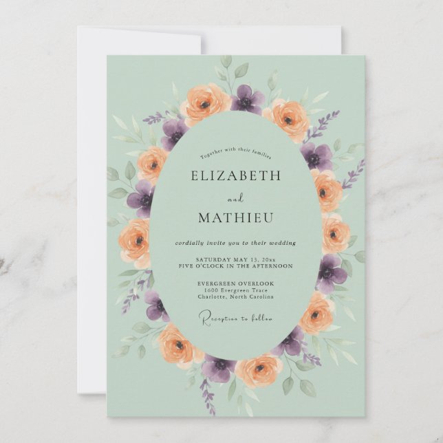 Invitation Mariage Eucalyptus Renoncule Pourpre Pêche (Devant)