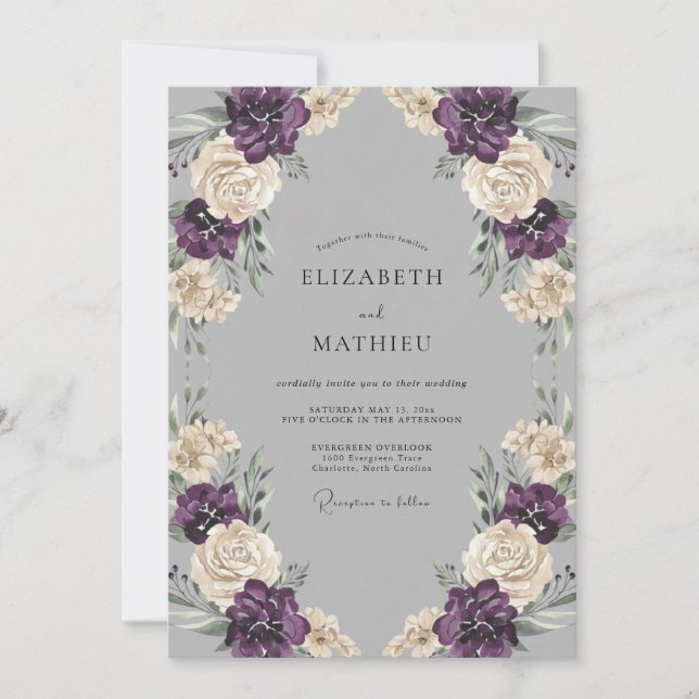 Invitation Mariage Eucalyptus Renoncule Prune Argentée (Devant)