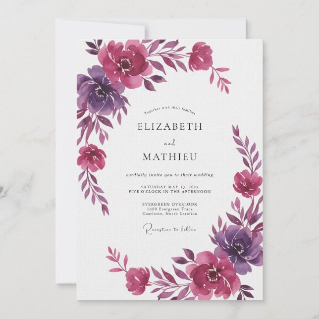 Invitation Mariage Eucalyptus Renoncule Prune Magenta (Devant)