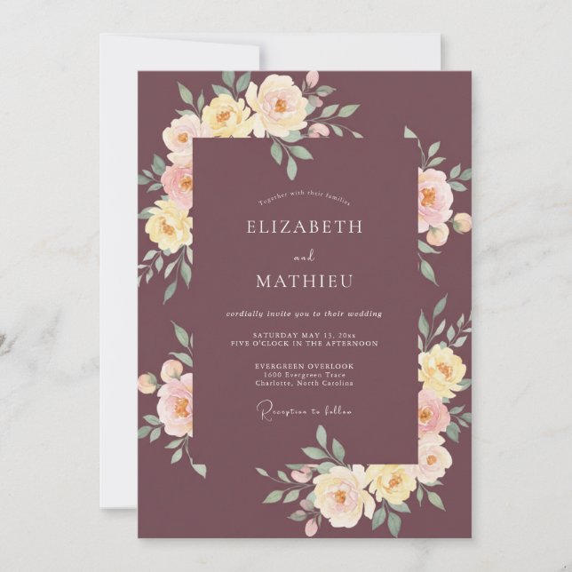 Invitation Mariage Eucalyptus Renoncule Prune Poussiéreuse (Devant)
