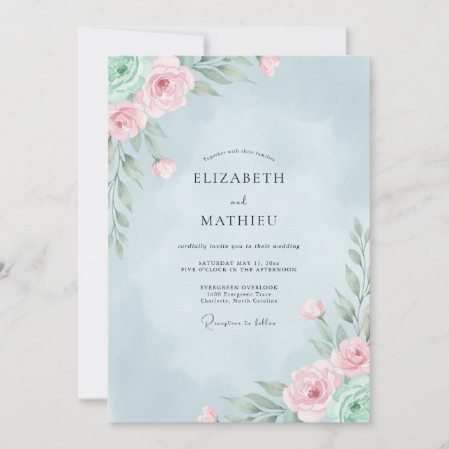 Invitation Mariage Eucalyptus Renoncule Rose Ciel (Devant)
