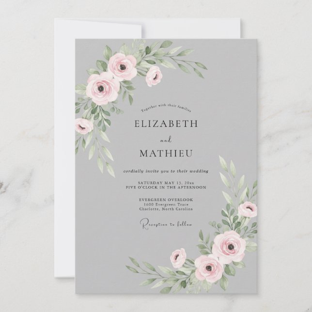 Invitation Mariage Eucalyptus Renoncule Rose Poussiéreuse Gri (Devant)