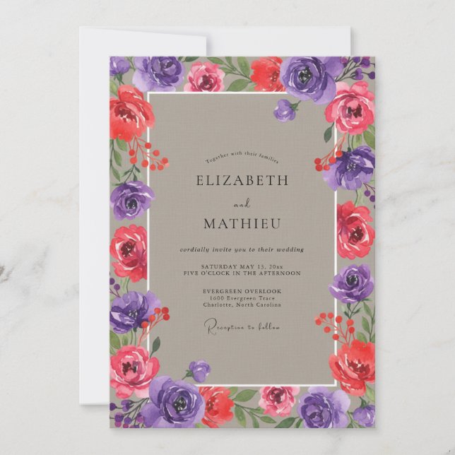 Invitation Mariage Eucalyptus Renoncule Rouge Pourpre (Devant)