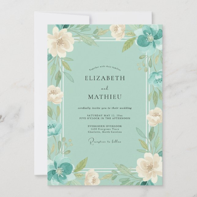 Invitation Mariage Eucalyptus Renoncule Sarcelle Menthe (Devant)