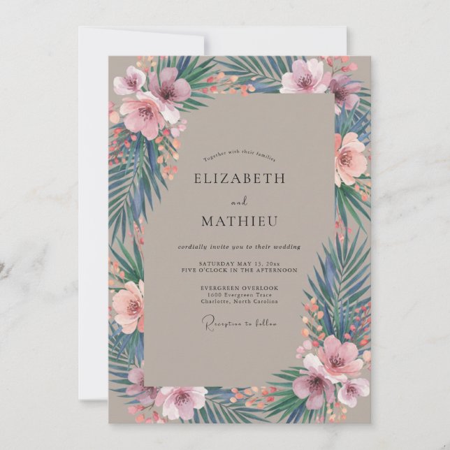 Invitation Mariage Eucalyptus Rose Taupe et Palmier (Devant)