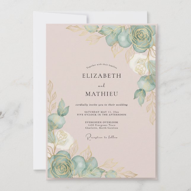 Invitation Mariage Eucalyptus Succulent Menthe Rose (Devant)